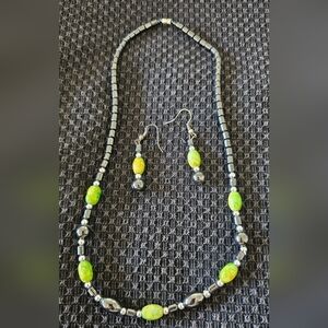 Elegant Green and Silver Beaded Necklace and Earring Set